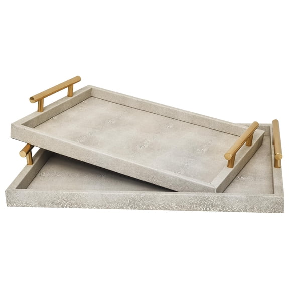 MODE HOME Modern Decorative Tray Set of 2 Ivory Shagreen Leather and Wood Serving Tray with Gold Polished Metal Handles for Ottoman, Coffee Table, Bathroom and More