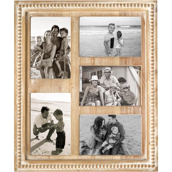 MODE HOME Rustic Farmhouse Picture Frame Collage 5 Rectangular 4x6 Photo Frames with Decorative Beads Natural Wood Collage Picture Frames for Family Photos