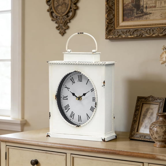 MODE HOME Rustic Metal Mantel Clock, Silent Non-Ticking Vintage Table Clock with Handle, Whitewashed Decorative Desk Clock