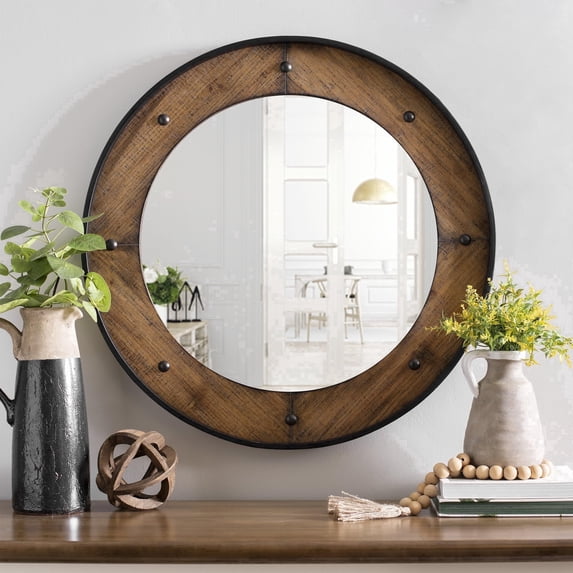 MODE HOME Rustic Round Wall Mirror 24 Inch, Natural Wood Frame with Black Metal Trim, Industrial Farmhouse Style Wall Mirror with Decorative Nailhead Accents for Bathroom, Living Room, or Entryway