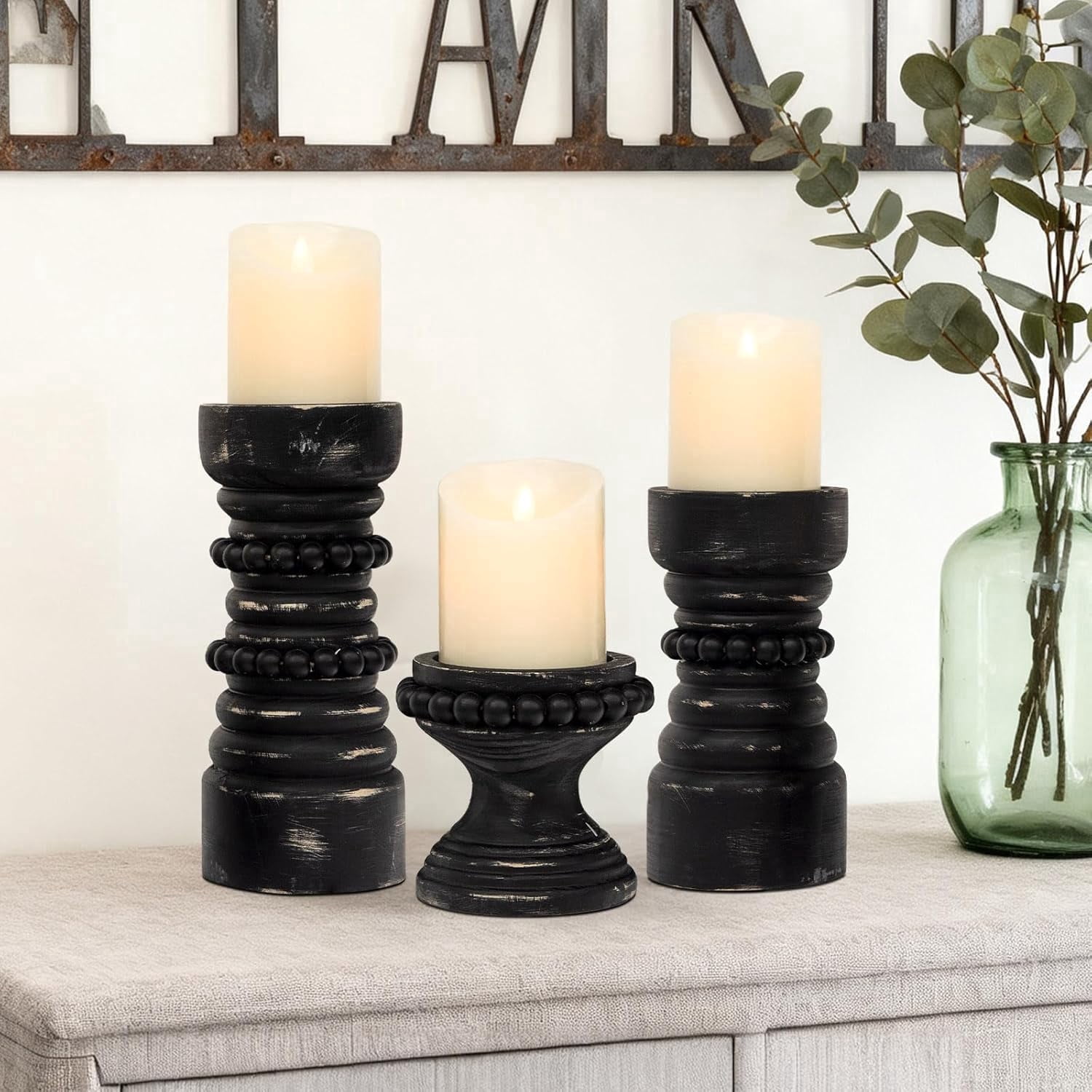 MODE HOME Rustic Wood Candle Holders Set of 3, Farmhouse Beaded Wood ...