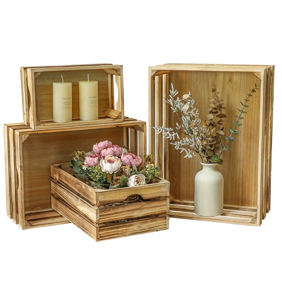 MODE HOME Rustic Wooden Crates for Display, Set of 4 Large Torched Wood Nesting Storage Boxes, Farmhouse Wood Containers