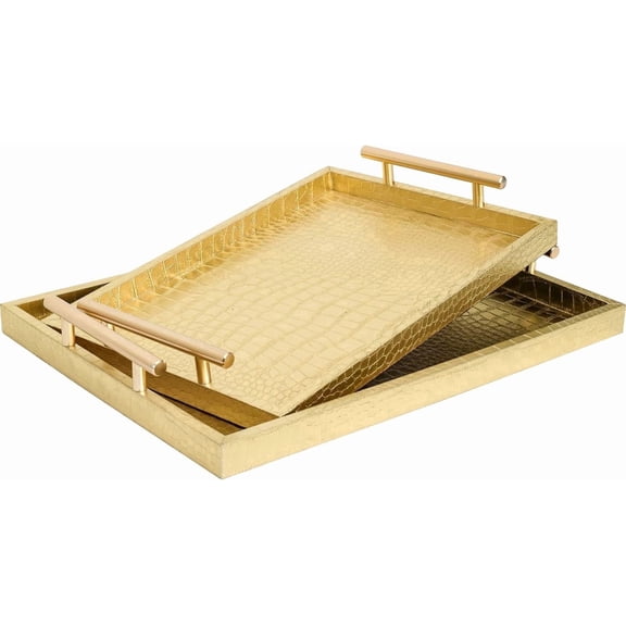 MODE HOME Set of 2 Modern Elegant Large Wood Serving Tray, Rectangle Decorative Tray Ottoman Tay Coffee Table Tray, Gold Crocodile Leather with Gold Polished Metal Handles