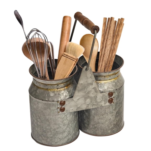 MODE HOME Set of 2 Rustic Galvanized Metal Utensil Holders with Handles, Farmhouse Kitchen Crocks for Spoons, Forks, and Knives, Countertop Organizer Buckets for Rustic Kitchen Dcor, 8x4x6.75 Inch