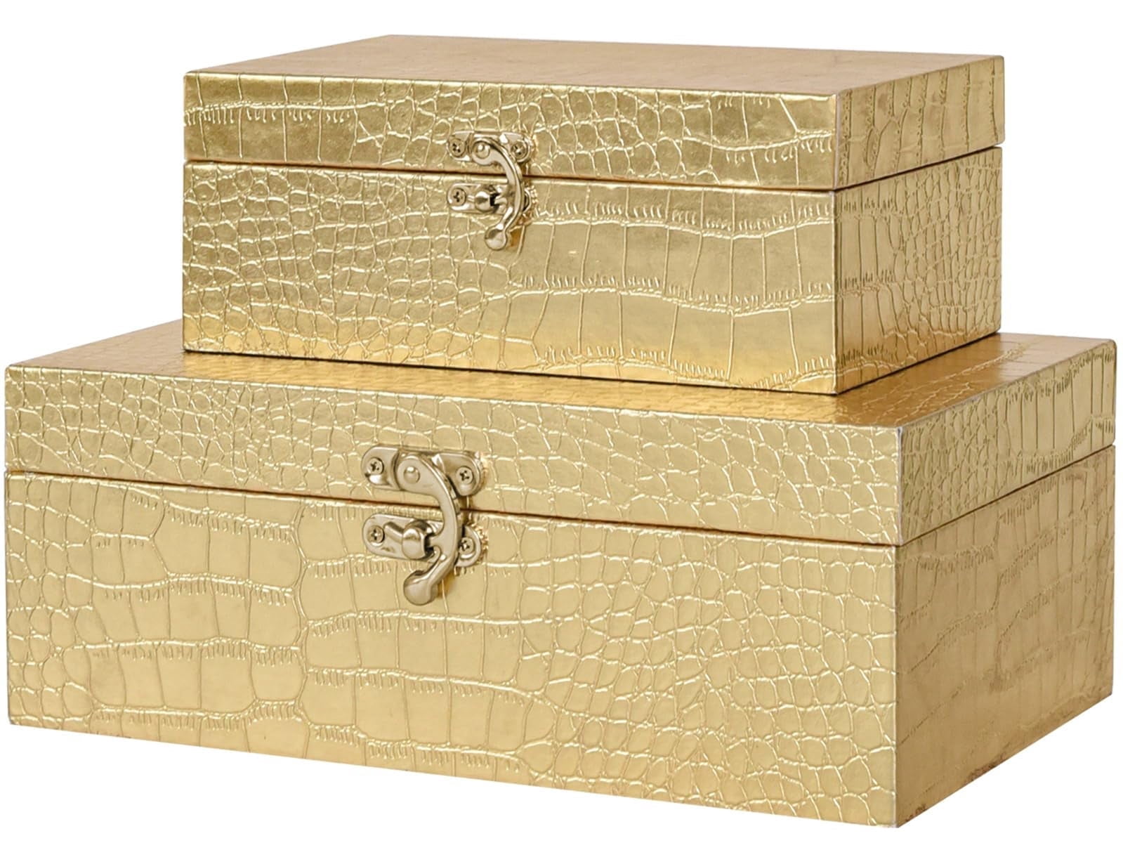 MODE HOME Set of 2 Gold Crocodile Leather and Wood Nesting Storage Boxes, Decorative Keepsake Chests with Clasps