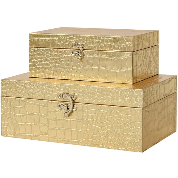 MODE HOME Set of 2 Gold Crocodile Leather and Wood Nesting Storage Boxes, Decorative Keepsake Chests with Clasps