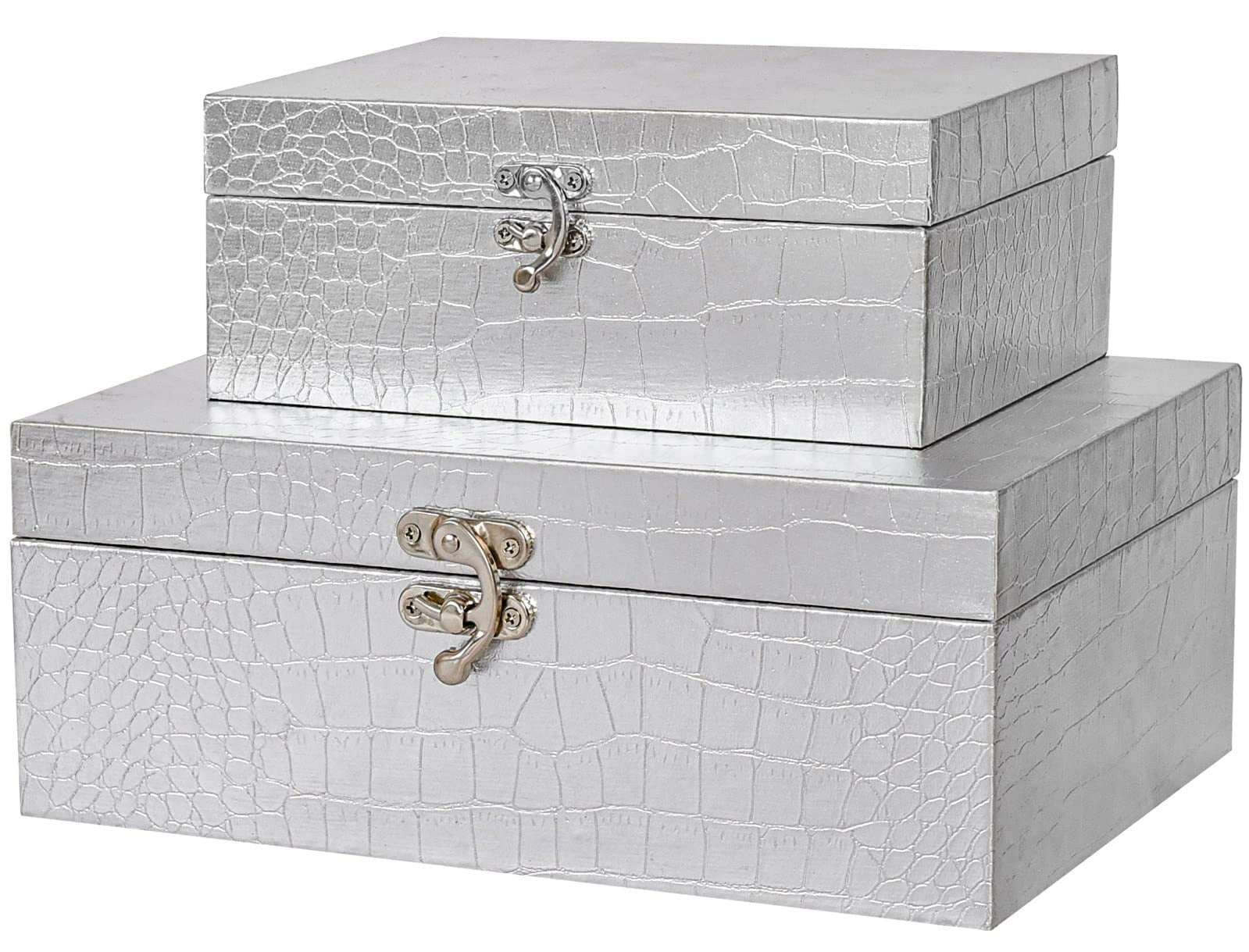MODE HOME Set of 2 Wooden Decorative Nesting Storage Boxes, Silver Crocodile Leather with Clasp for Home Kitchen Living Room, Ideal Gift for Wedding Memories Jewelry Trinket