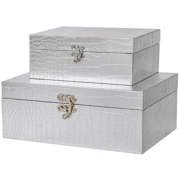 MODE HOME Set of 2 Wooden Decorative Nesting Storage Boxes, Silver Crocodile Leather with Clasp for Home Kitchen Living Room, Ideal Gift for Wedding Memories Jewelry Trinket