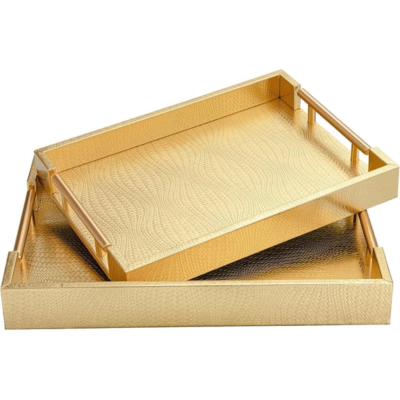 MODE HOME Set of 2 Woven Leather Ottoman Trays - Rectangular Decorative Trays with Gold Handles - Luxury Coffee Table & Serving Trays for Home Decor (Gold)