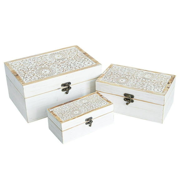 MODE HOME Set of 3 Decorative Wooden Boxes, Rustic Farmhouse Keepsake Box Decorative Boxes with Hinged Lid and Floral Carved Design, Wood Storage Box for Home Decor, White