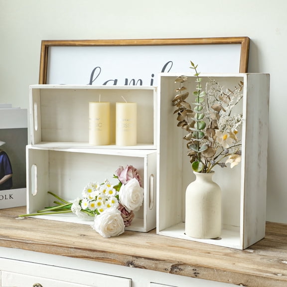 MODE HOME Set of 3 White Wooden Boxes for Storage Small Crates for Display and Organizing, Farmhouse Style Storage Boxes for Crafts, Decor, Home Pantry and Living Room