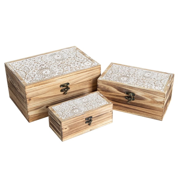 MODE HOME Set of 3 Wood Decorative Boxes, Rustic Farmhouse Keepsake Box Wooden Box with Hinged Lid and Floral Carved Design, Decorative Boxes for Home Decor, Brown
