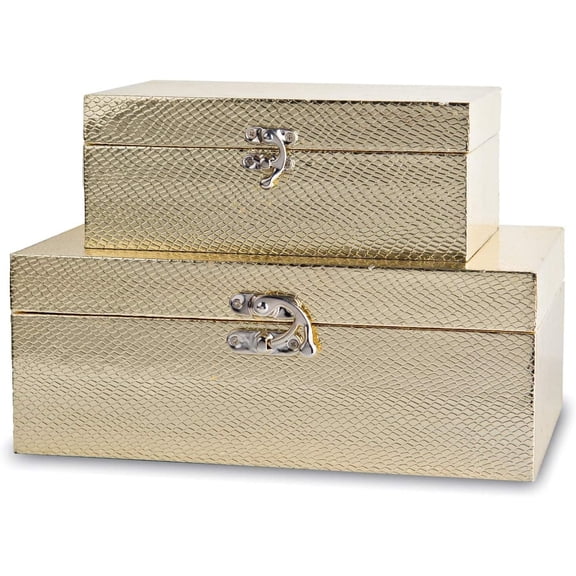 MODE HOME Set of 2 Decorative Wooden Keepsake Boxes, Small Jewelry Organizer & Memory Box with Gold Leather and Clasp Closure