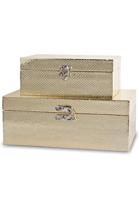 Set of 2 Decorative Wooden Keepsake Boxes, Small Jewelry Organizer & Memory Box with Gold Leather and Clasp Closure