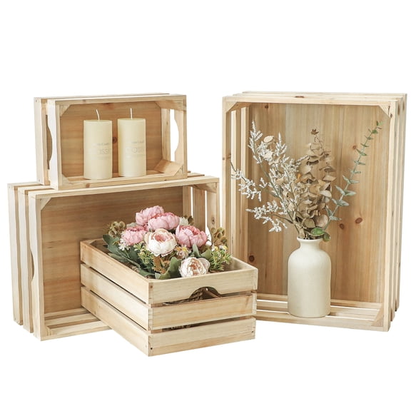 MODE HOME Set of 4 Large Wooden Crates, Rustic Unfinished Wood Storage Container for Home Organization, Nesting Display Boxes