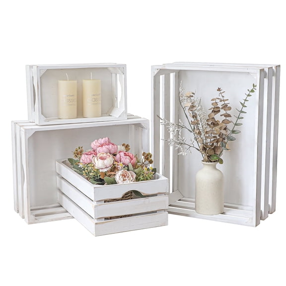 MODE HOME Set of 4 Whitewashed Wooden Crates, Large Nesting Rustic Storage Boxes with Handles, Farmhouse Decorative Display Crates
