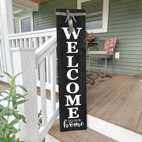 MODE HOME Solid Wood Farmhouse Welcome Sign for Front Porch, 47x10 Inch Large Farmhouse Style Rustic Welcome Sign Stand for Front Door or Entryway (Black)