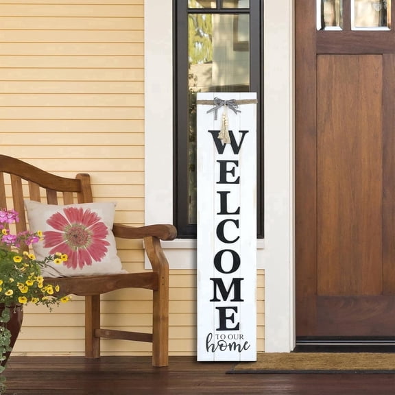 MODE HOME Solid Wood Farmhouse Welcome Sign for Front Porch, 47x10 inch Large Farmhouse Style Rustic Welcome Sign Stand for Front Door or Entryway(Whitewashed)
