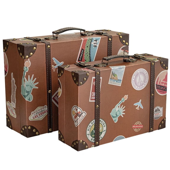 MODE HOME Vintage Brown Suitcase Decor Boxes, Set of 2 – Wooden Decorative Suitcase Box with Retro Leather Finish, Travel-Themed Keepsake Storage Chest for Home, Wedding, or Party Decoration