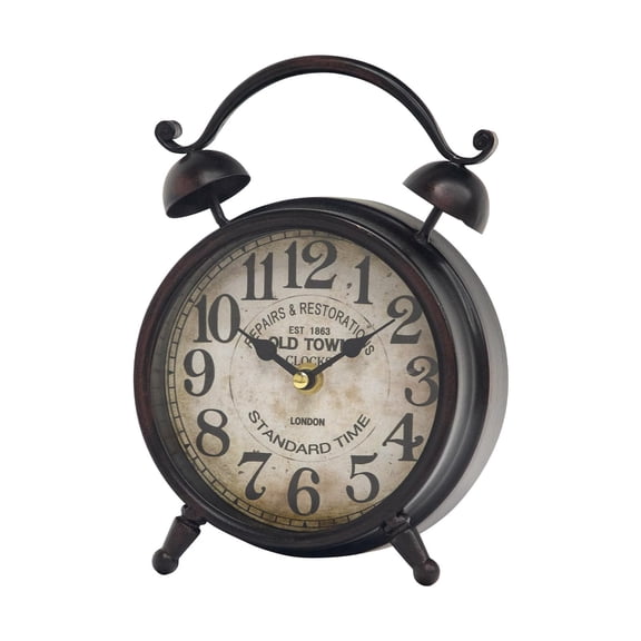 MODE HOME Vintage Dark Brown Desk Clock, Decorative Table Clock with Bell Top, Silent Non-Ticking Mantel Clock for Living Room or Bedroom, Wood Dial, Battery Operated