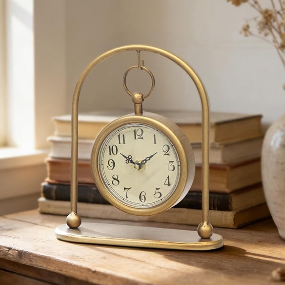 MODE HOME Vintage Small Gold Table Clock, Silent Non-Ticking Retro Desk Clock, Battery Operated Decorative Shelf Clock for Living Room, Bedroom & Kitchen Decor