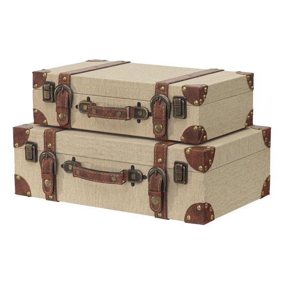 MODE HOME Vintage Suitcase Decorative Boxes Set of 2, Rustic Farmhouse Storage Trunks with Handles, Keepsake Display Boxes for Home Decor, Living Room, Bedroom, Shelf and Wedding Decoration