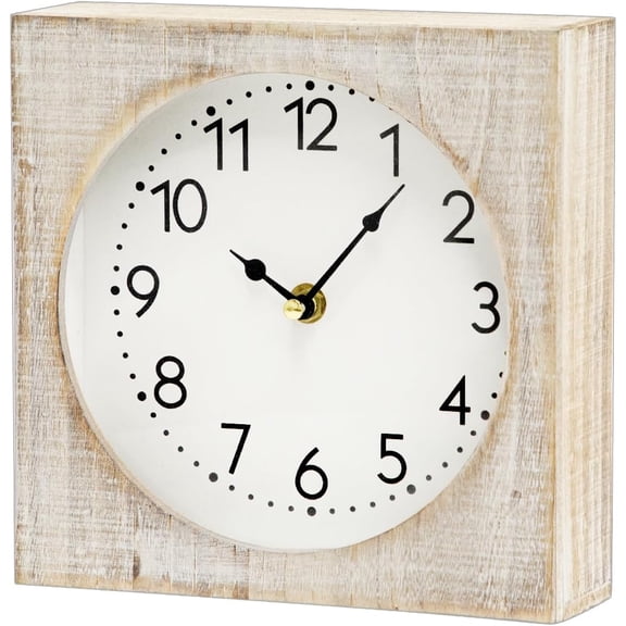 MODE HOME Vintage Table Clock, Square Wooden Farmhouse Table Clock Silent Non-Ticking Battery Operated Desk and Shelf Clocks for Living Room, Kitchen, Bedroom Decor