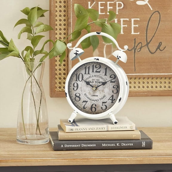 MODE HOME Vintage White Desk Clock with Distressed Finish, Rustic Farmhouse Table Clock, Silent Non-Ticking Mantel Clock for Bedroom, Living Room, or Shelf, Battery Operated