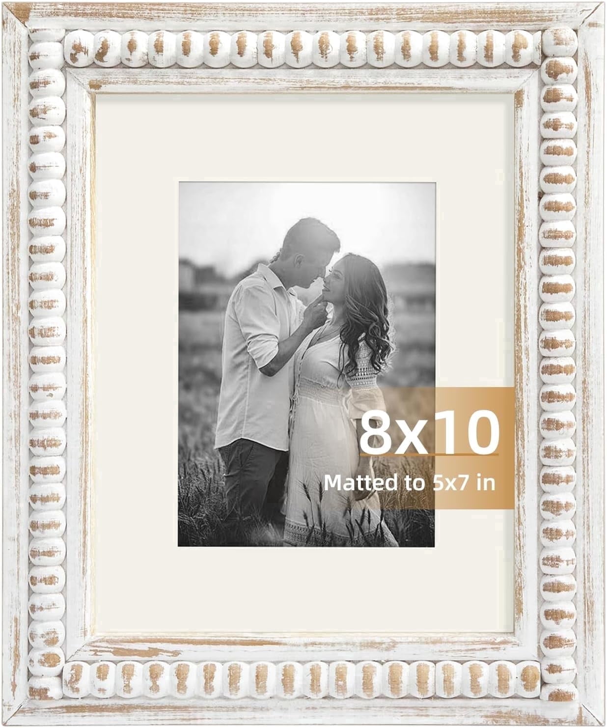 MODE HOME White 8x10 Picture Frame with Mat for Displays 8x10 and 5x7 Photos, Farmhouse Picture Frames with Wooden Beaded Design, White 8 by 10 Picture Frame for Tabletop Home Decor