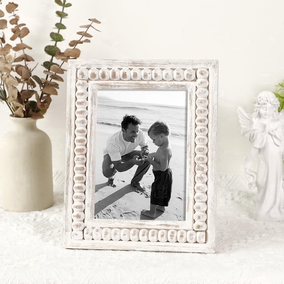 MODE HOME Whitewashed Wooden 5x7 Picture Frame with Beaded Design – Rustic and Boho Style, Decorative 5x7 Photo Frame for Home Decor, Farmhouse Rustic Picture Frame for Photos