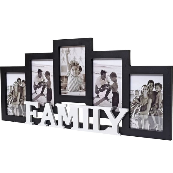 MODE HOME Wood Wall Hanging Family Picture Photo Frame Collage, 4 x 6 Photo Frames for Family Pictures Wall Decor, 5 Openings Black