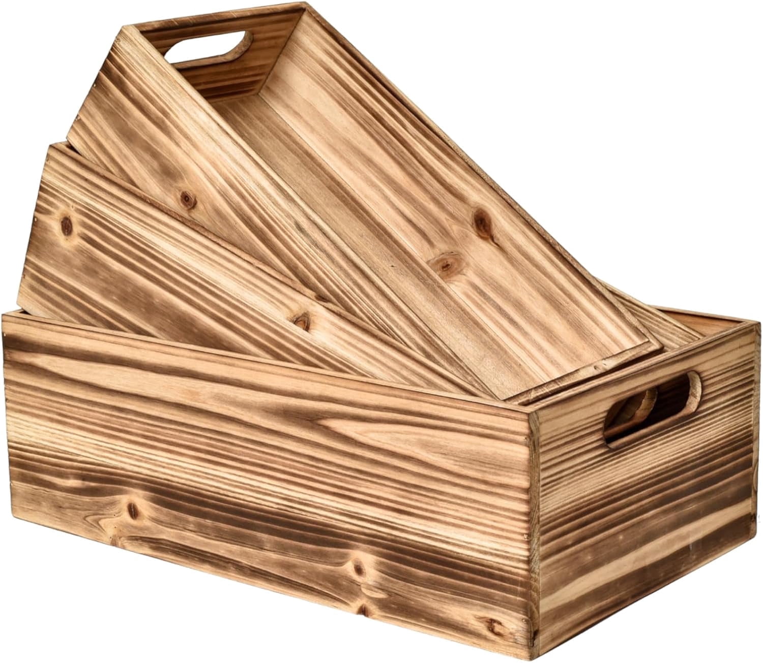 MODE HOME Wooden Storage Crates, Set of 3 Nesting Wood Boxes for Display and Organizing, Farmhouse Decorative Storage Bins for Crafts, Pantry & Living Room