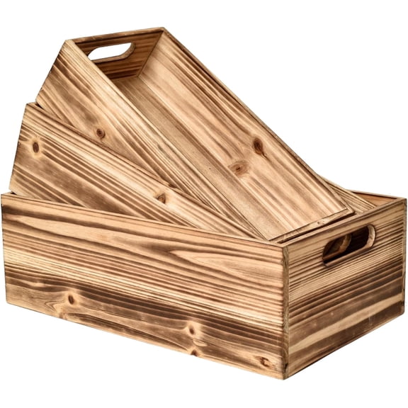 MODE HOME Wooden Storage Crates, Set of 3 Nesting Wood Boxes for Display and Organizing, Farmhouse Decorative Storage Bins for Crafts, Pantry & Living Room