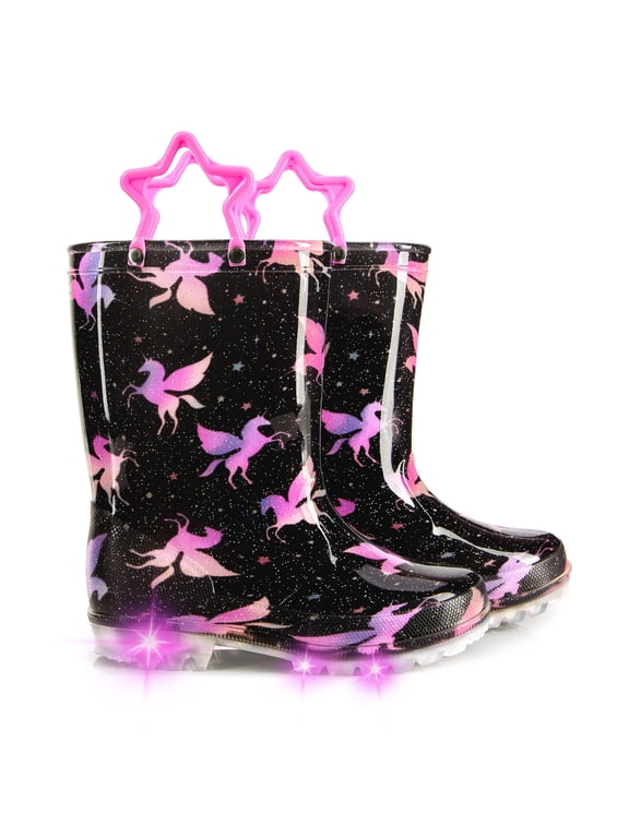Girls Light Up Rain Boots Toddler Kids Waterproof Glitter Boots with Easy on Handles, Black, Size 12