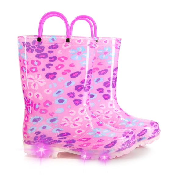 MODEBYME Girls Light Up Rain Boots Toddler Kids Waterproof Glitter Boots with Easy on Handles, Pink, Size 9