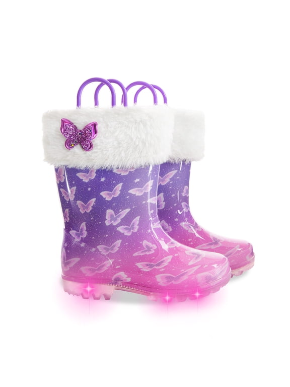Girls Rain Boots Toddler Warm Lined Winter Boots for Kids Light Up Waterproof Snow Boot, Butterfly, Size 12
