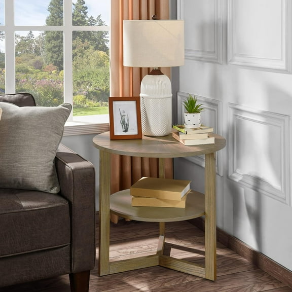 MODERION Large Round End Table, Rustic Beside Table with Umbrella Shaped Top, Traditional Circular Sofa Side Table with Shelf, 25.2”D Telephone Table for Living Room Rustic Natural CJZ3338