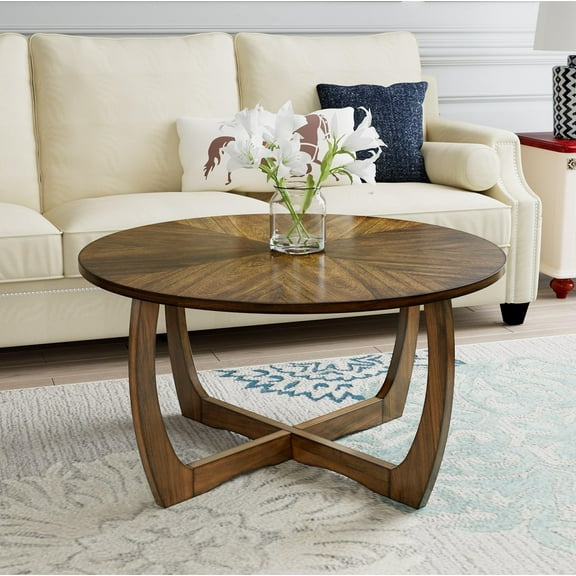 MODERION Round Coffee Table for Living Room, Cocktail Table with Splicing Top,Wood Traditional Center Table, 33.5” x 17.7” Mid-Century Circular Tea Table, Easy Assembly, Rustic Brown KFZ3223