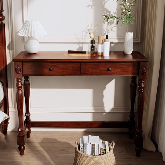 MODERION Solid Wood Home Office Desk with 2 Drawers, Traditional Computer Table, Small Home Writing Desk, Corner Table, Easy Assembly 39.37” x 15.74” x 30.9” Cherry Red Walnut SSZ1533WD