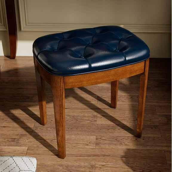 MODERION Vanity Bench with Upholstered, Modern Luxury Wood Stool,Ottoman Shoe Bench for Living Room, Vanity, Entryway, 19.3" L x 14.9" W x 19.3" H Easy Assembly, Beeswax Leg & Blue Seat FD-HNY-BL