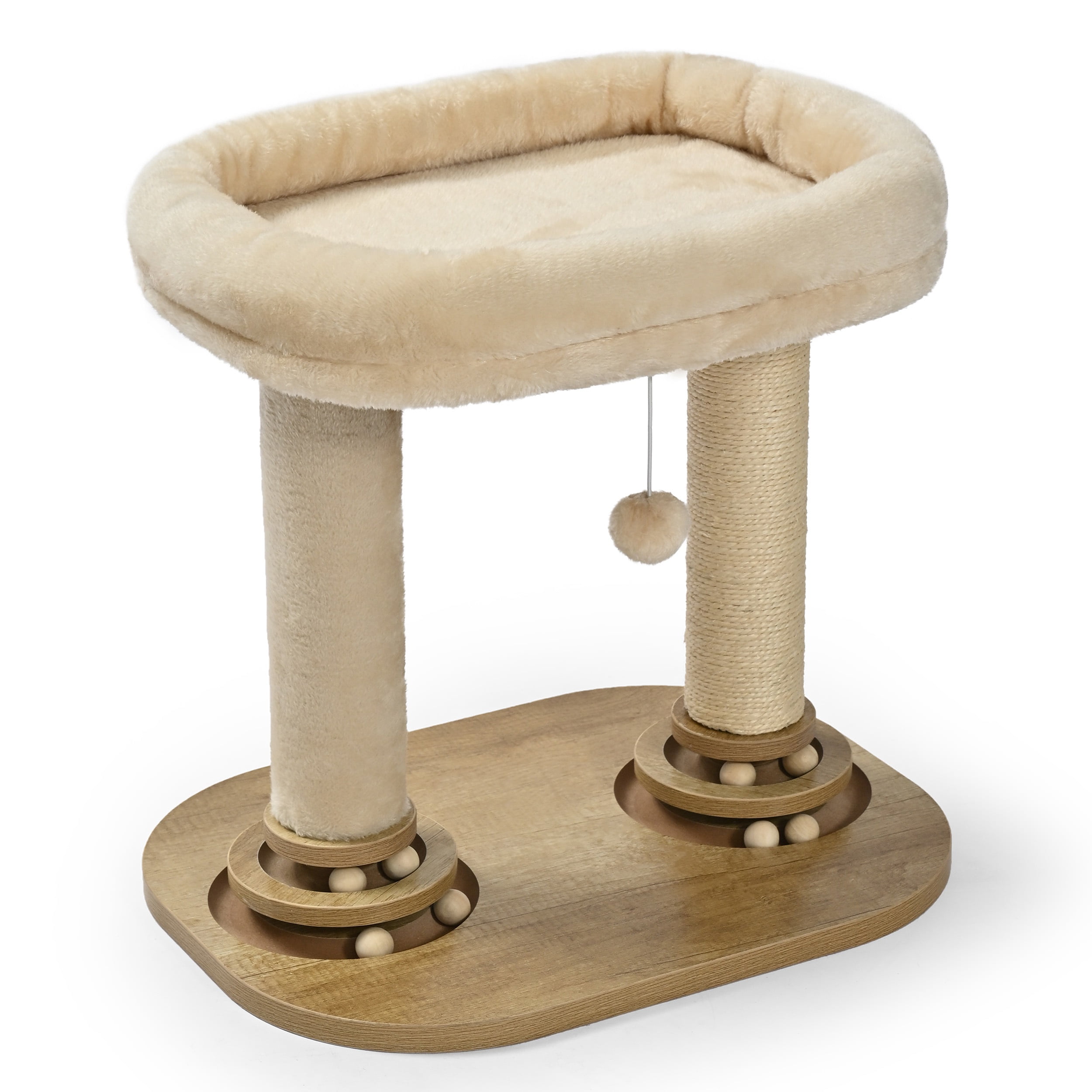 Vibrant Life Double-Post Cat Scratching Post with 2-Level Track Ball, Beige