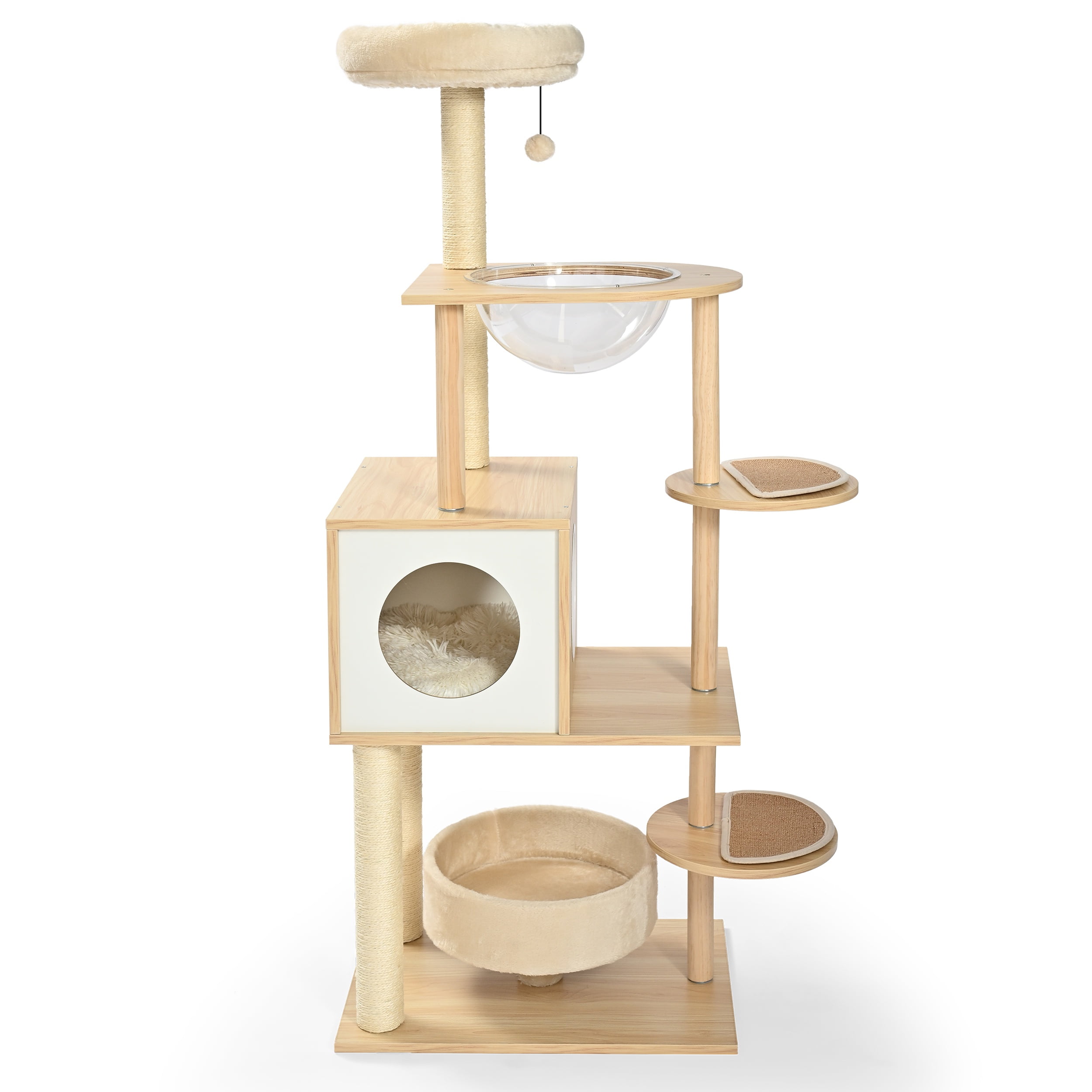 Vibrant Life 7-Level 58" Natural Wood Cat Tree with Condo and Acrylic Hammock, Beige