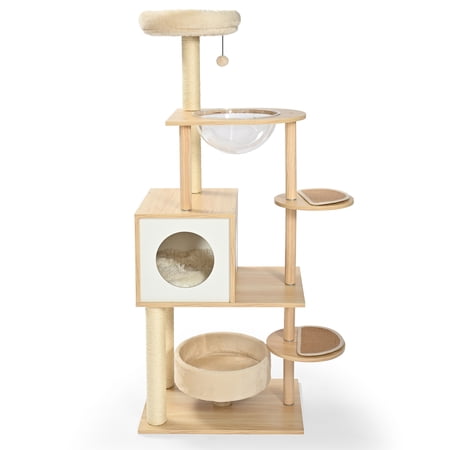 Vibrant Life 7-Level 58" Natural Wood Cat Tree with Condo and Acrylic Hammock, Beige