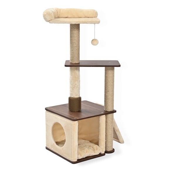 Vibrant Life 4-Level 43" Cat Tree with Grooming Brush and Condo, Beige