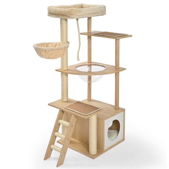 Vibrant Life 7-Level 53" Natural Wood Cat Tree with Condo, Ladder, and Acrylic Hammock, Beige