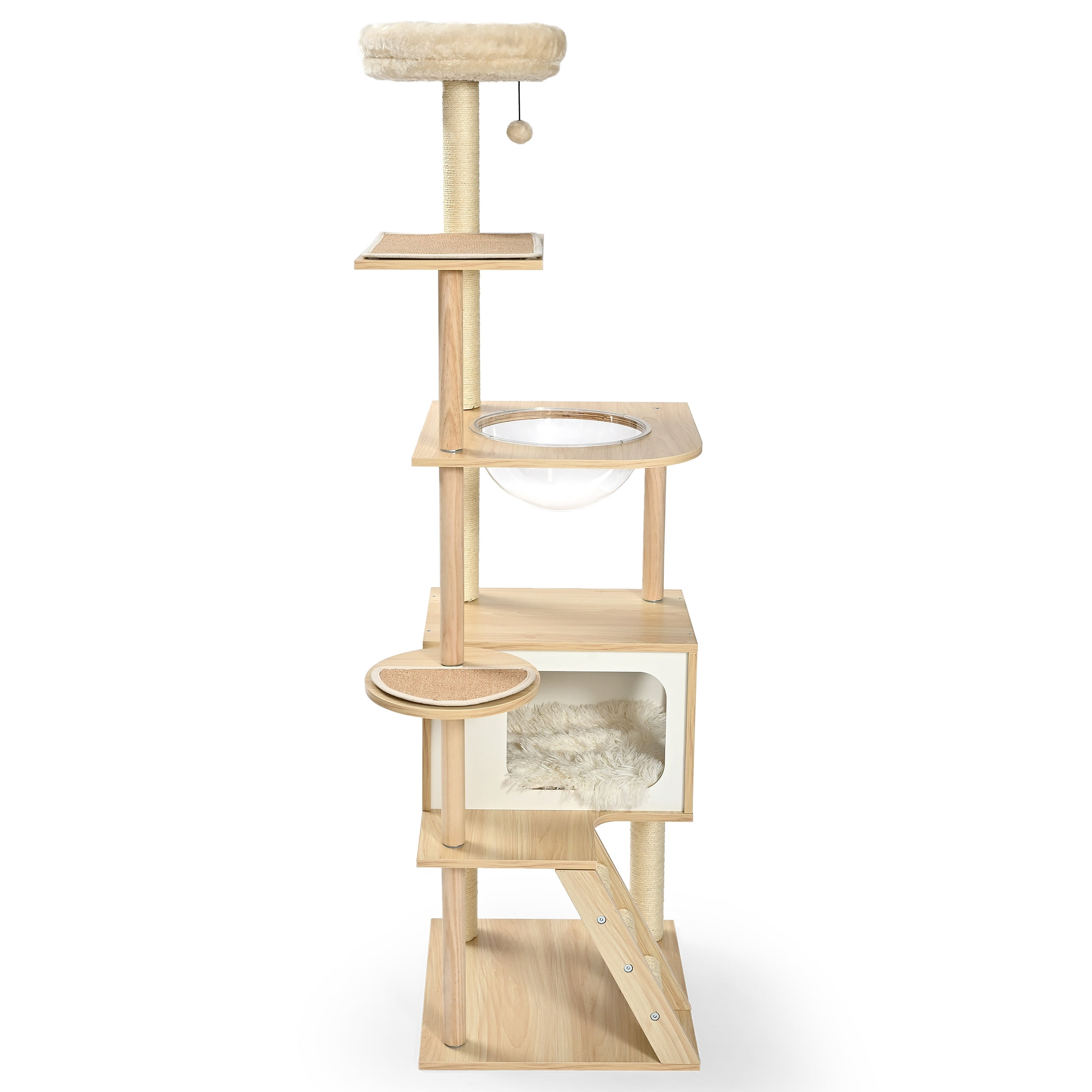 Vibrant Life 7-Level 69" Natural Wood Cat Tree with Condo, Ladder, and Acrylic Hammock, Beige