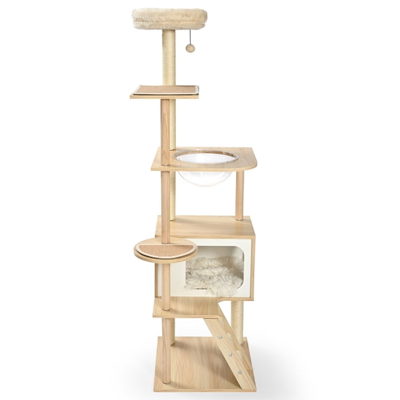Vibrant Life 7-Level 69" Natural Wood Cat Tree with Condo, Ladder, and Acrylic Hammock, Beige