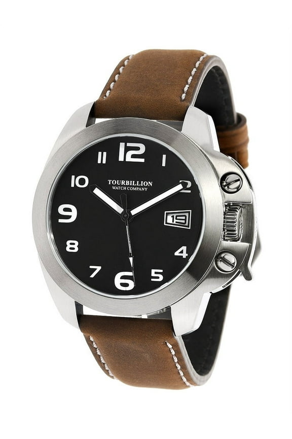 MODERN COLLECTION STAINLESS STEEL CASE BLACK DIAL WITH WHITE ARABIC NUMBERS WITH CROWN SAFTY LOCK AND BROWN GENUINE LEATHER STRAP
