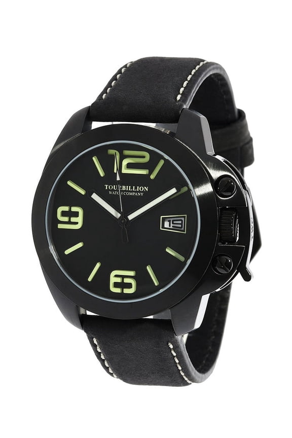 MODERN COLLECTION WATCH IP BLACK CASE BLACK DIAL WITH GREEN ARABIC NUMBERS AND INDEX WITH CROWN SAFTY LOCK AND BLACK GENUINE LEATHER STRAP