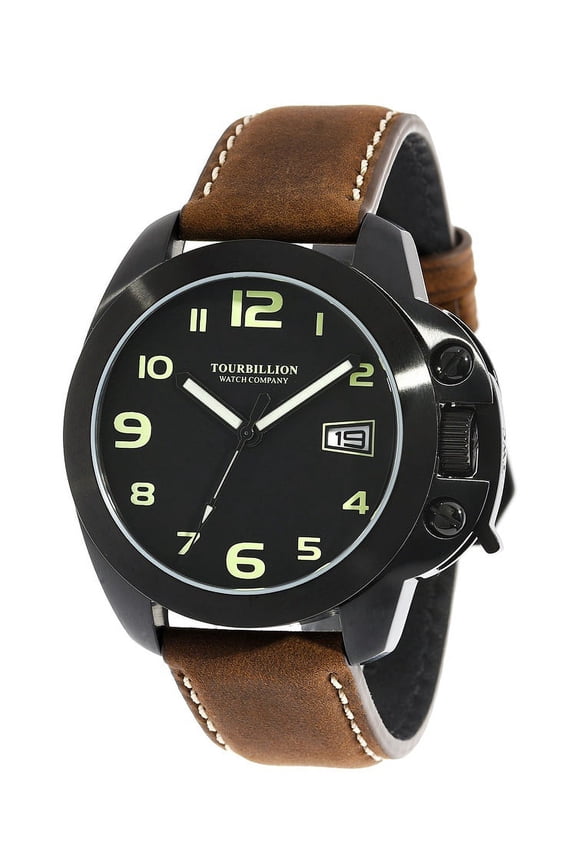 MODERN COLLECTION WATCH IP BLACK CASE BLACK DIAL WITH GREEN ARABIC NUMBERS WITH CROWN SAFTY LOCK AND BROWN GENUINE LEATHER STRAP